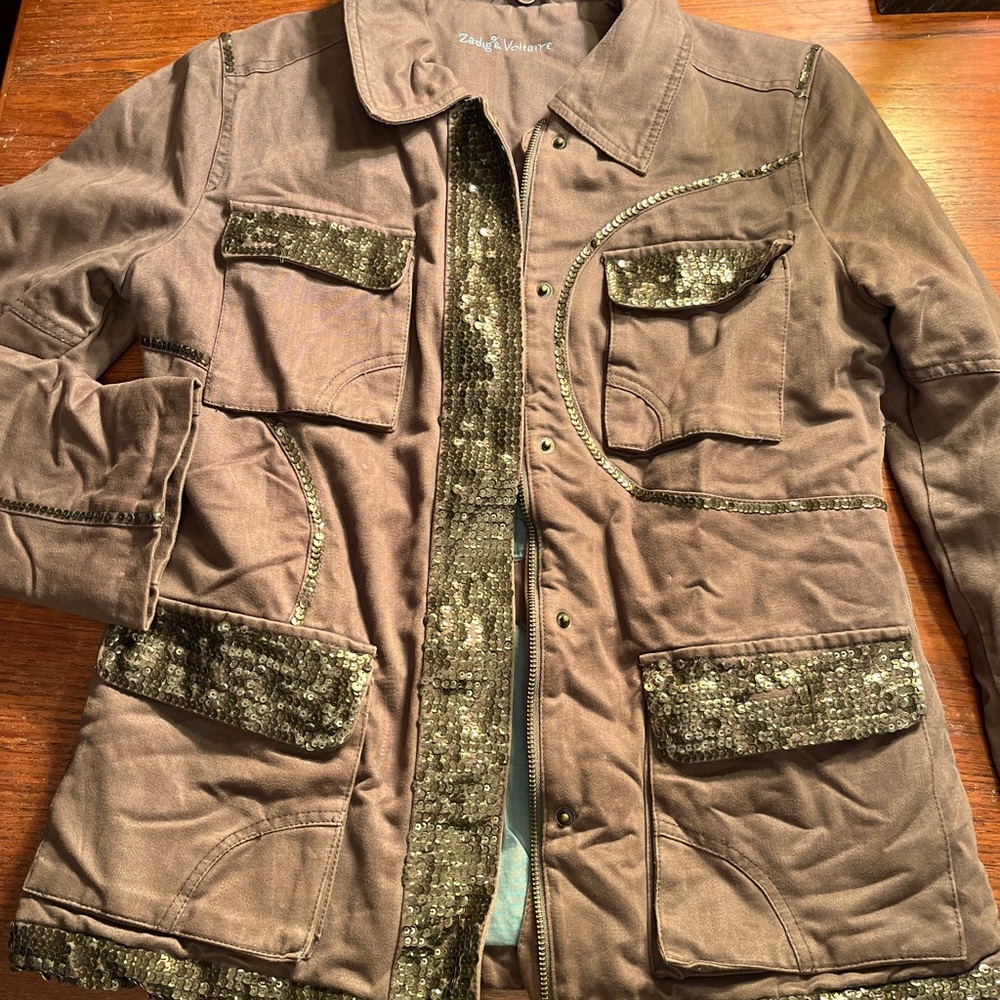 Zadig & Voltaire Brown Utility Jacket with Olive Sequin Trim
